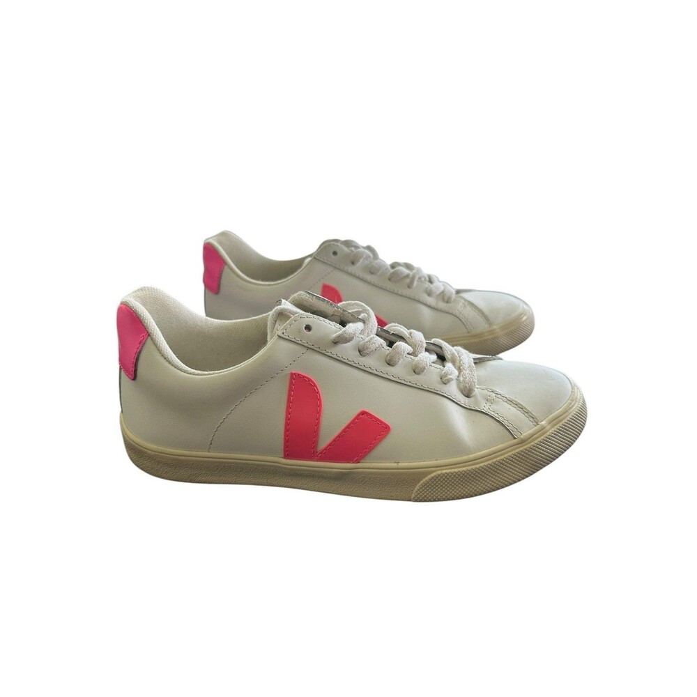 Veja Esplar Sneakers Size 6 EU 37 White Leather With Bright Pink V Logo